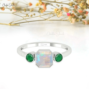 Chordia Jewels 14K Solid <b>Gold</b> Natural 6mm Opal Octagon <b>Ring</b> Bezel <b>Set</b> With Emerald Side Stones Women's Classic Engagement <b>Ring</b> - Product Image 3