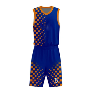Ensemble de maillots de basket-ball sublimés personnalisés, bleu et orange à carreaux, sans manches, uniforme respirant, vêtements d'équipe unisexes pour adultes - Product Image 1