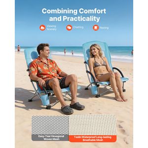 Sedia da Spiaggia Pieghevole con Schienale Alto per Adulti, Seduta Extra Larga con Rete Traspirante, Tasca Portabicchieri e Borsa per il Trasporto - Product Image 5