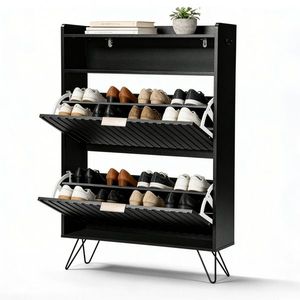 Two-Compartment Shoe Cabinet with Slatted Front and <b>Side</b> Panels Top Flip-Up Lids High Legs Two Hooks Shoe Racks - Product Image 4
