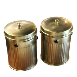 Newest Design Embossed Texture Canister <b>Jar</b> Set of 2 Stainless Steel Metal Round Shape with Golden Finish Plastic Material - Product Image 1