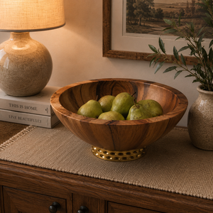 Cuenco de lujo de madera de acacia con base dorada texturizada, gran cuenco decorativo para centro de mesa, para decoración del hogar, frutero, regalo de inauguración de casa - Product Image 2