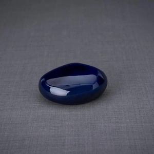 Sculptural Keepsake Urn Blue Metal Pebble Design Glossy Finish Compact <b>Memorial</b> Ashes Holder with Contemporary <b>Form</b> - Product Image 4