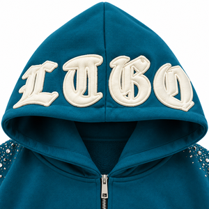 Nueva Sudadera con Capucha Unisex Extra Grande Color Verde Azulado con Cierre y Mangas con Pedrería, Estampado de Letras Góticas, 100% Algodón Ecológico, Estilo Hip Hop Urbano - Product Image 3