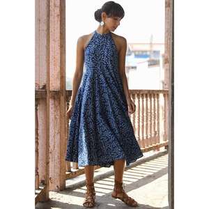 Vestido Midi Azul Estampado con Cuello Halter para Mujer, Vestido Casual de Verano sin Mangas de Algodón - Product Image 1