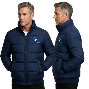 Customized Men's Winter Puffer <b>Jacket</b> Stand Collar Zipper Closure Windproof Casual Polyester Material - Product Image 2