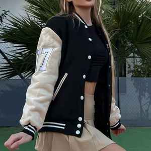 Chaqueta Varsity Negra para Mujer, Estilo Preppy, Cuello Alto, Manga Larga, Color Sólido en las Mangas, para Otoño, X Sports City - Product Image 1