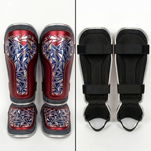 Protège-tibias professionnels en PU bleu clair et rouge, élastiques, ajustables avec fermeture auto-agrippante pour la boxe, équipement de protection pour adultes - Product Image 3