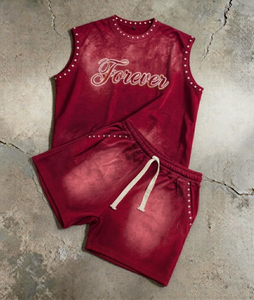 Conjunto de chándal unisex personalizado de lujo con pedrería, chaleco sin mangas y pantalones cortos, estilo vintage lavado, para ropa urbana. - Product Image 4