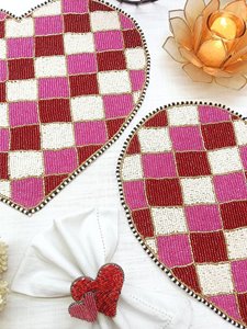 Checkered Heart Beaded <b>Placemat</b> Handmade Valentine Table Mat <b>Pink</b> Red Dining Decor Romantic Charger Plate - Product Image 2