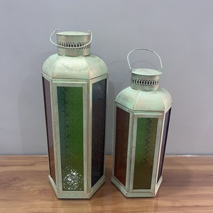 Vintage Iron <b>Lantern</b> <b>Set</b> of 2 with Colored Glass Handmade Candle <b>Lantern</b> for Ramadan Eid Home Wedding Decor - Product Image 4