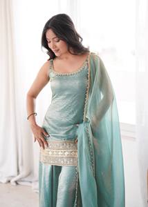 Robe Anarkali longue en soie turquoise traditionnelle indienne et pakistanaise pour femmes, avec dupatta, coupe classique, tenue de mariage - Product Image 2