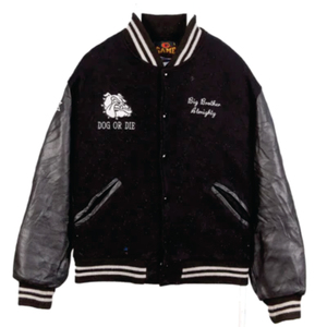 เสื้อแจ็คเก็ตวาร์ซิตี้สีดำสำหรับผู้ชาย พร้อมโลโก้ปักลาย Dog Or Die และแขนเสื้อหนัง สวมใส่สบายๆ ในฤดูใบไม้ร่วง - Product Image 1