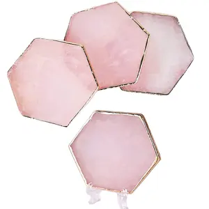 Hot Sell Hexagon Rose Quartz Coasters Cup Natural In Pink Colors Gift New Design Paperweight Wholesale Coaster Agate Round