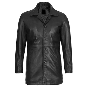 Men's Black Genuine <b>Leather</b> Canvas <b>Long</b> Coat with Button Closure Turn-down Collar Casual Winter Wear <b>Jacket</b> ODM Solid - Product Image 1