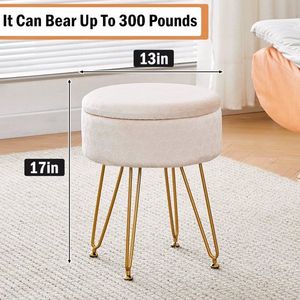 "Round Velvet Ottoman Footstool with Memory Foam <b>Seat</b> & <b>Storage</b> Small Side Table 4 Gold Legs" - Product Image 2