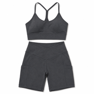 Women Cross Waist Pocket Biker Shorts Set Adjustable Strap Sports Bra Yoga Fitness Gym Workout Activewear - Product Image 5