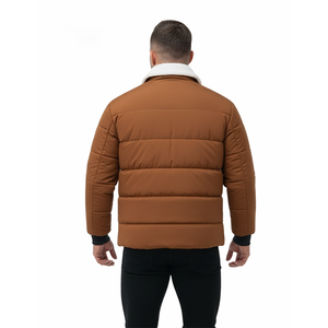 Chaqueta acolchada marrón con cuello de sherpa para hombre, abrigo cálido con cremallera y bolsillos con solapa, ropa exterior informal para exteriores - Product Image 5