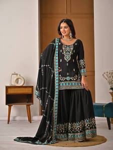 Ensemble Sharara brodé de sequins pour femme, en soie satinée, avec haut Kurta trois quarts, Dupatta et pantalon Palazzo, tenue de mariage et de fête - Product Image 1