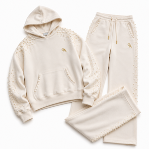 Luxury <b>Womens</b> <b>Cream</b> Pearl Embellished Hoodie Jogger Tracksuit Premium <b>Fleece</b> OEM ODM Custom Streetwear Apparel Set - Product Image 1