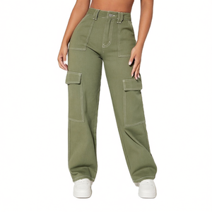 Wholesale Ladies Casual High-Waisted Cargo <b>Pants</b> in XL Trusser Logo Decoration Baggy Style Canvas Fabric Flat Front-Export BD - Product Image 3