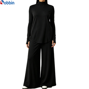 High Quality Hot Selling Soft Stretch Mock Neck Wide Leg Casual 2-Pcs Tracksuit <b>Set</b> Muslim Sportswear Tracksuits Women Clothing - Product Image 2