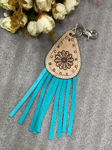 New Real Handcrafted Genuine Color Tooled Leather Cute Charming <b>Tassel</b> Keyrings Hot Sale Western Style Modern Turquoise <b>Key</b> Fobs - Product Image 2