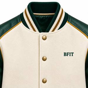 Men's Green Wool/Polyester Varsity <b>Jacket</b> <b>Fleece</b> <b>Lined</b> Crew Neck Preppy Streetwear Winter Wear Color Blocking Embroidery - Product Image 4