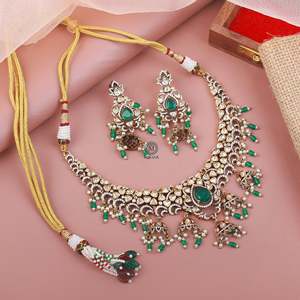 Antique Gold Plated Pearl Polki Designer <b>Bridal</b> <b>Necklace</b> <b>Set</b> with <b>Earrings</b> - Product Image 4