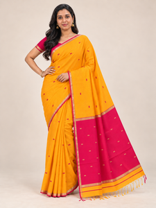 Sari en soie brodé jaune et rose LoomIndia avec bordure Zari, robe traditionnelle indienne pour femme, matériaux recyclés, longueur ras du sol - Product Image 1