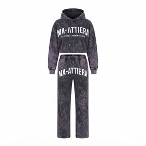 Conjunto de Sudadera Corta y Pantalones Jogger de Pierna Ancha para Mujer, Estilo Acid Wash Gris Oscuro, de Algodón y Felpa, Ropa Deportiva Urbana, Venta al Por Mayor OEM - Product Image 4
