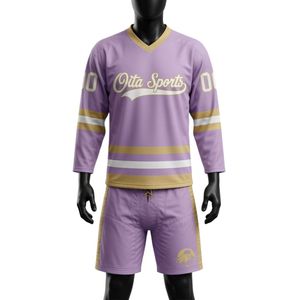 Men Purple Gold Sublimated Ice Hockey Jersey Shorts Set V Neck Striped Polyester <b>Athletic</b> Team Wear Performance Sports Apparel - Product Image 1