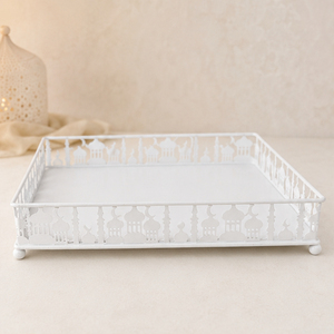 Bandeja de Servicio de Metal Blanca al por Mayor para Ramadán con Diseño de Mezquita Recortada, Plato de Postres de Hierro Forjado para Eid Mubarak, para Mesa de Fiesta Musulmana - Product Image 5