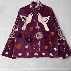 Chaqueta de Terciopelo Morado Oscuro Bordada a Mano, Estilo Vintage, para Mujer, con Cuello Alto y Mangas Largas, Abrigo Festivo de Invierno de Primera Calidad - Product Image 6