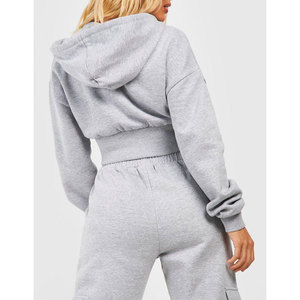 Women's Grey <b>Cropped</b> <b>Zip</b>-<b>Up</b> Hoodie Sweatshirt Full Sleeve Solid Woven Breathable Eco-Friendly Winter Front Logo - Product Image 3