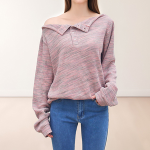 Haut en tricot pour femme à col Peter Pan, épaules dénudées, manches longues, design asymétrique, décontracté, automne, couleur unie, coton, fibre de bambou - Product Image 6