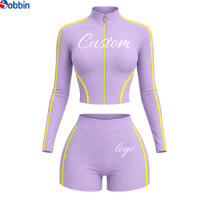 Ensemble de sport 2 pièces pour femme Hip Hop, haut à manches longues avec fermeture éclair et short taille haute, imprimé logo personnalisé, coupe sportive, printemps-été - Product Image 1