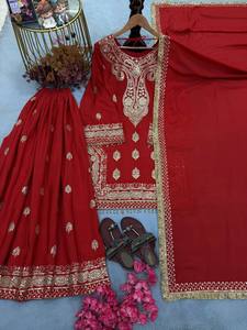 Nouvel ensemble haut et palazzo en soie Chinon pour femme, tenue de soirée de créateur, avec dupatta, broderie lourde, extensible, infroissable, réversible, séchage rapide - Product Image 4