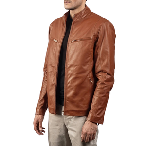Custom Mens Brown Leather <b>Cafe</b> <b>Racer</b> <b>Jacket</b> Premium Vintage Biker Coat OEM Private Label Apparel Manufacturer Wholesale Supplier - Product Image 2