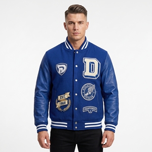 Chaqueta Varsity Azul para Hombre Dumela, Estilo Preppy, Parche Bordado, Cierre de Botones Frontales, Corte Regular, Ropa de Abrigo para Otoño - Product Image 4