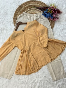 Pleated <b>Linen</b> Cotton <b>Top</b> O-Neck Long Sleeve Casual Loose Fit Kurti with Pant Breathable Solid Color All Seasons Women's Wear - Product Image 2