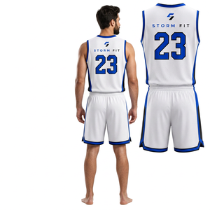 Conjunto de Uniforme de Baloncesto para Hombre Storm Fit, Blanco con Estampado Sublimado, Cuello en V, Sin Mangas, Jersey Deportivo que Absorbe la Humedad - Product Image 2
