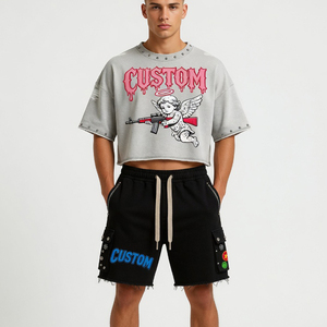 เสื้อยืดโอเวอร์ไซส์พิมพ์ลายกราฟิกแบบกำหนดเองสำหรับทุกเพศ พร้อมกางเกงขาสั้น ผ้าฝ้าย 100% คุณภาพพรีเมียม พิมพ์ลาย DTF ชุดประดับคริสตัลแบบดิสเทรส - Product Image 3