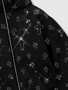 Sudadera con capucha y cremallera cruzada con pedrería para hombre, de forro polar grueso, estilo urbano, con capucha tipo máscara, personalizable, al por mayor, 100% algodón - Product Image 5