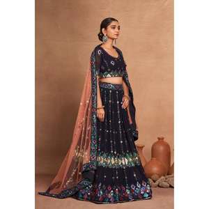 MARIAGE GEORGETTE BRODERIE SEQUENCE TRAVAIL LEHENGA CHOLI AVEC DUPATTA BLEU - Product Image 1