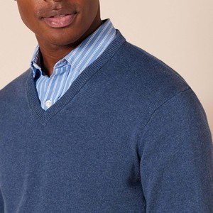 Pull à col en V bleu uni pour homme, manches longues, tricoté en laine/acrylique, respirant, vêtements d'hiver - Product Image 6
