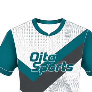 Camiseta de Rugby de Manga Corta en Color Verde Azulado Oscuro, Blanco y Gris, Cuello Redondo, Diseño Gráfico, Ropa Deportiva de Alto Rendimiento, para Entrenamiento y Partidos - Product Image 3