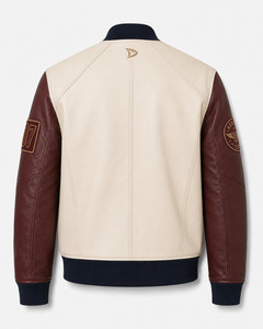 Blouson Bomber en Cuir PU pour Homme, Marron Crème, avec Patchs, Coupe-Vent, Décontracté, Fermeture Éclair, Automne - Product Image 2