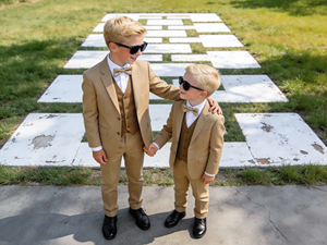 Ensemble de costume 3 pièces kaki pour garçons avec gilet et nœud papillon – Tenue formelle pour fête de mariage pour enfants - Product Image 1