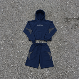 Custom Men’s solid Hoodie and Shorts Tracksuit <b>Set</b> Streetwear <b>Two</b> <b>Piece</b> Sweat Suit with Contrast <b>Mesh</b> Panels Adjustable Hem - Product Image 3